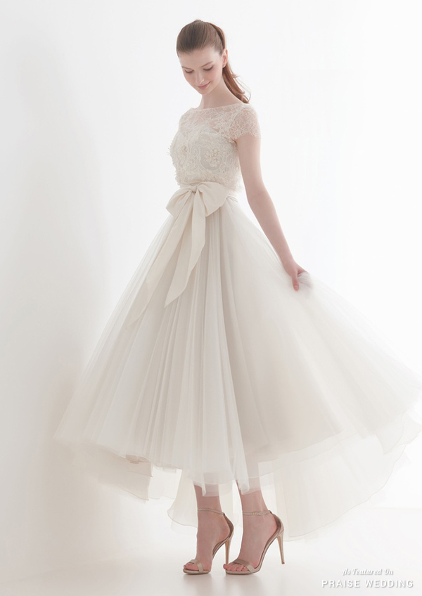 Timelessly elegant and charmingly pretty,  this tea length wedding dress from L'Atelier Mariage is oh so chic!