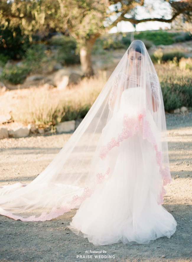 Romantic wedding veil with blush lace details from Eden Luxe Bridal!