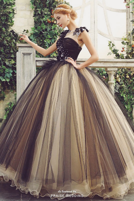 Statement-making ball gown from Dathy Bridal featuring a unique mix of black + ivory tulle skirt! 