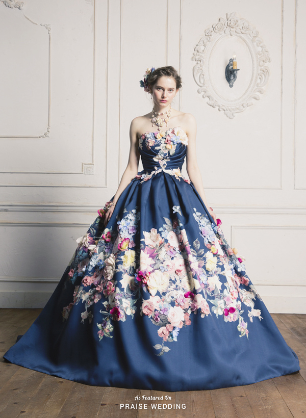 This royal blue gown from Yumi Katsura featuring watercolor painted and 3D floral design is a show stopper!