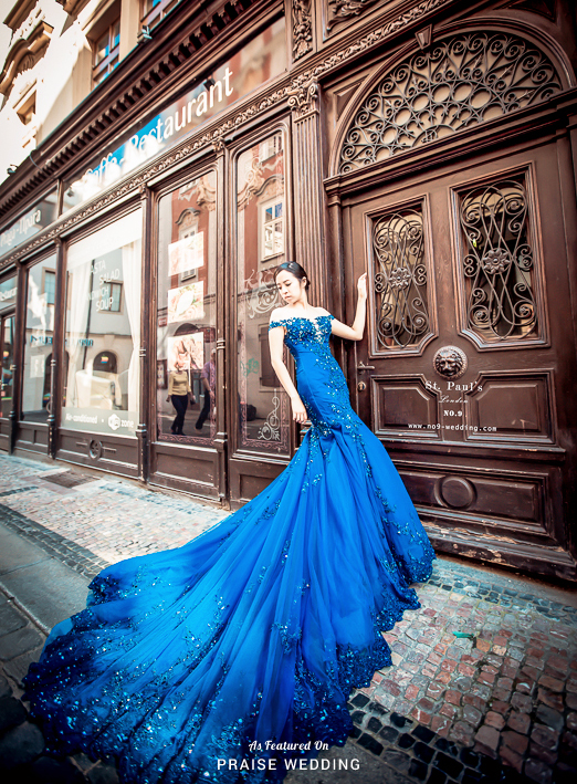 Goodness gracious, how incredible is this glamorous blue off-the-shoulder gown from No.9 Wedding?