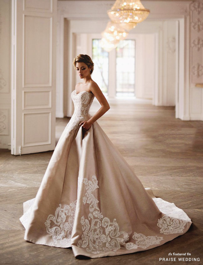 We can't resist this graceful champagne gown from Salon Kuraje!