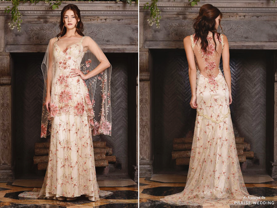 A beautiful design from Claire Pettibone's Four Season Collection, featuring french embroidery with ombre tones of autumn leaves and floral vines on the most delicate tulle!