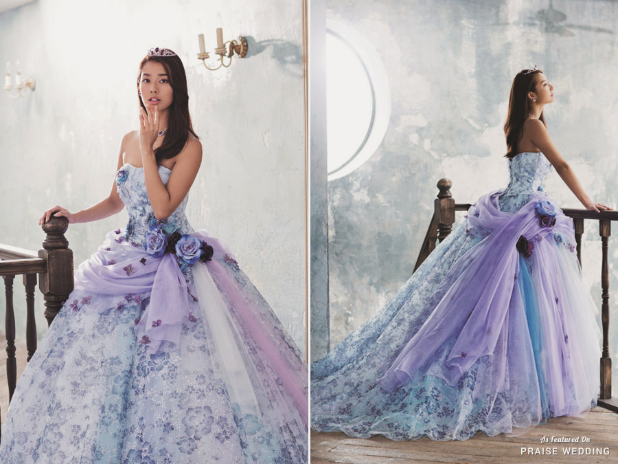 Lovely floral ball gown from Sumire featuring dreamy materials and romantic colors!