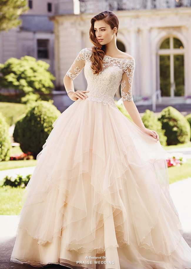 Sweet off-the-shoulder David Tutera tulle ball gown infused with subtle romantic color!
