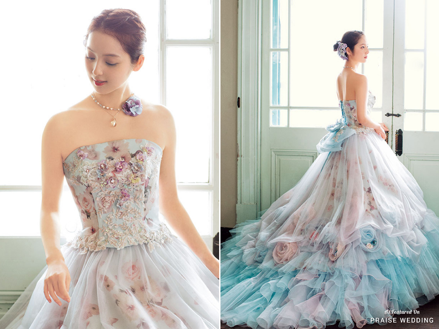 Breathtaking floral gown from  Sasaki Nazomi featuring three-dimensional appliques in romantic shades of pastel!