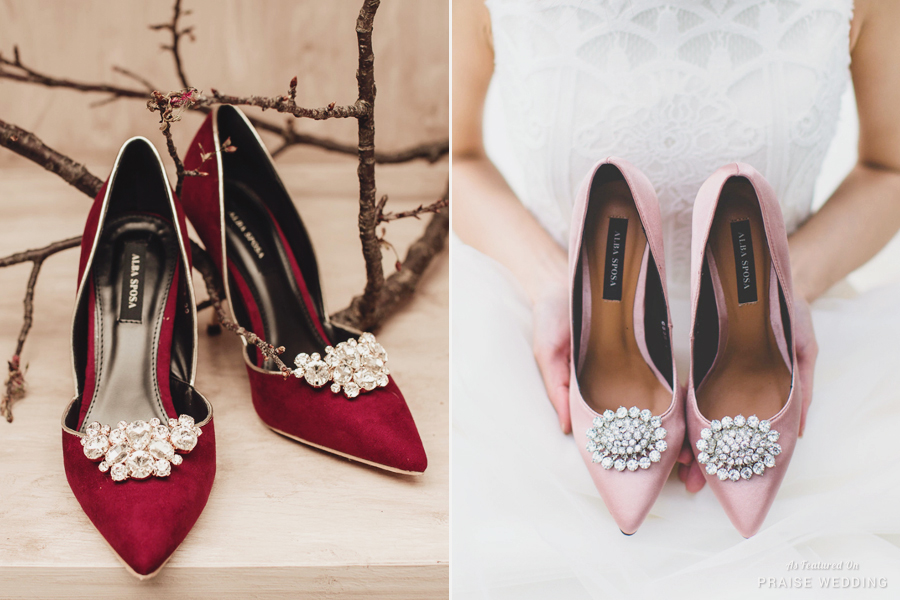 We are officially obsessed with these sophisticated wedding shoes from Alba Sposa! Red or pink? Pick your fave!