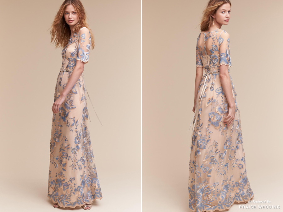 In love with this new dress from BHLDN featuring whimsical blue florals and metallic gold threading!