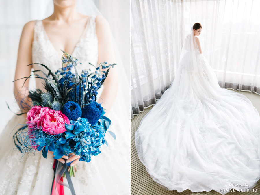 From the unique blue bouquet to the dreamy long wedding gown, everything about this bridal session is shouting romance!