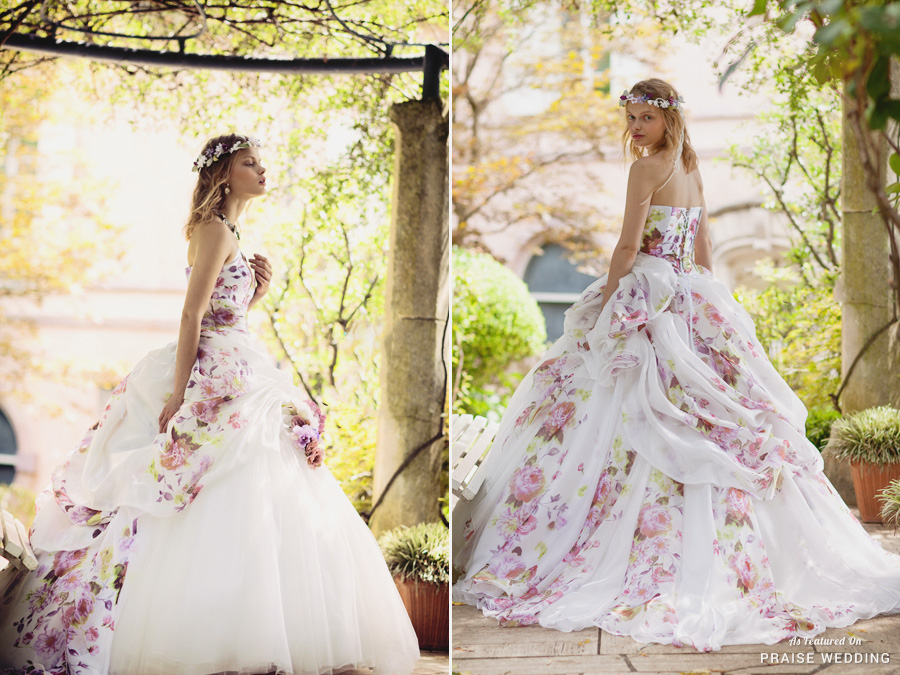 If you are on the lookout for wedding dresses that blend unconventional style with effortless beauty, this watercolor-inspired floral gown from Coco Prime should be on your list!