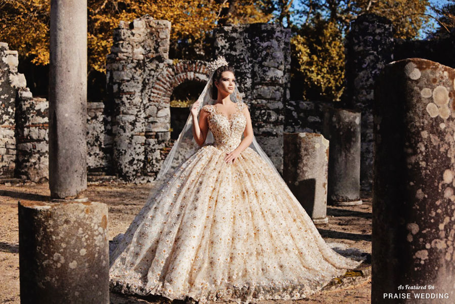 Show-stopping golden wedding dress from Frida Xhoi & Xhei overflowing with regal glamour!
