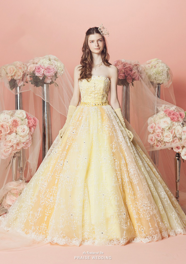 This sweet yellow gown reminds us of Beauty and the Beast! For the fairytale bride at heart, nothing is sweeter than twirling in a beautiful ball gown like this one from Mariarosa!