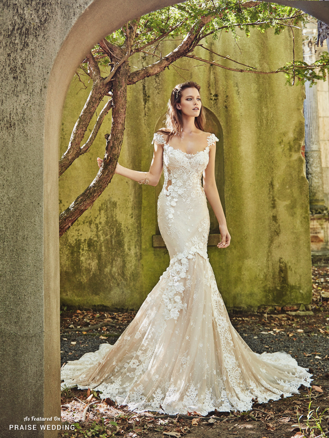 Incredibly breathtaking trumpet gown from Galia Lahav featuring two-toned lace, antique corchet and 3D floral adornments!