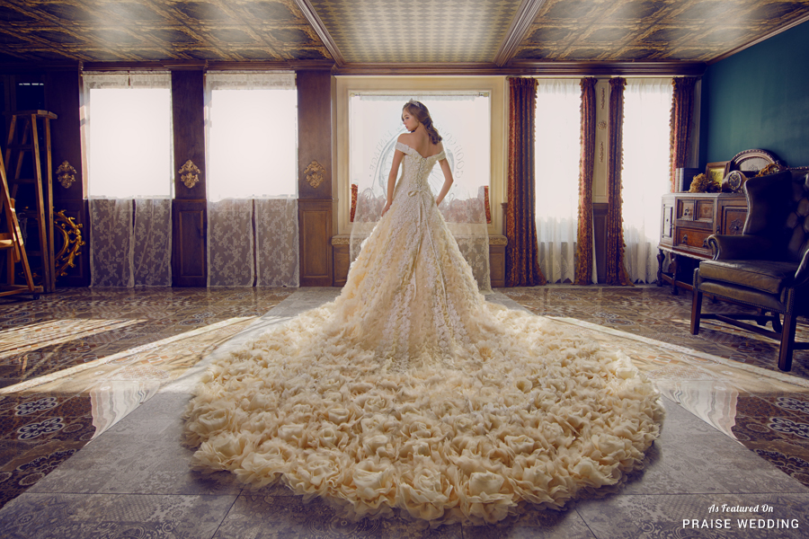 A jaw-droppingly beautiful gown from Royal Wed featuring 3D lace floral and lavish detailing
