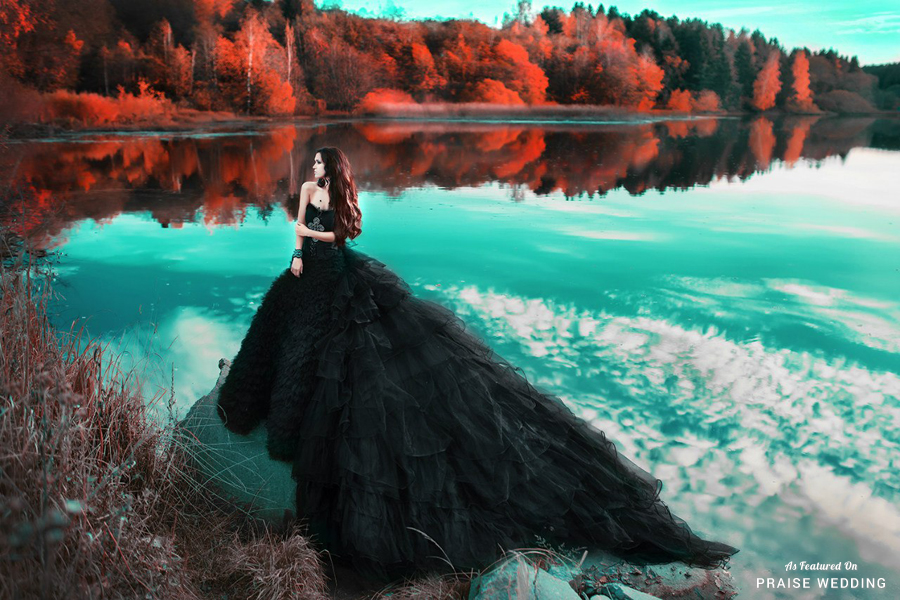 This enchanting, artistic bridal portrait featuring a fashion-forward black gown and absolutely stunning view deserves to be framed!