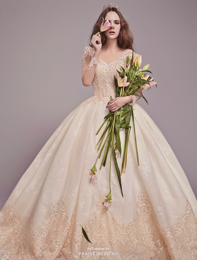 Splendidly elegant and delicate, this rose gold gown from Belle Epoque is overflowing with regal romance!