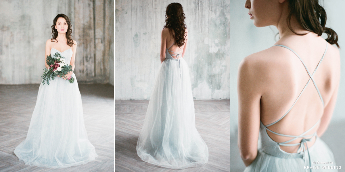 Unique, sexy, and elegant, we are in love with this enchanting dove blue wedding dress from Milamira Bridal!