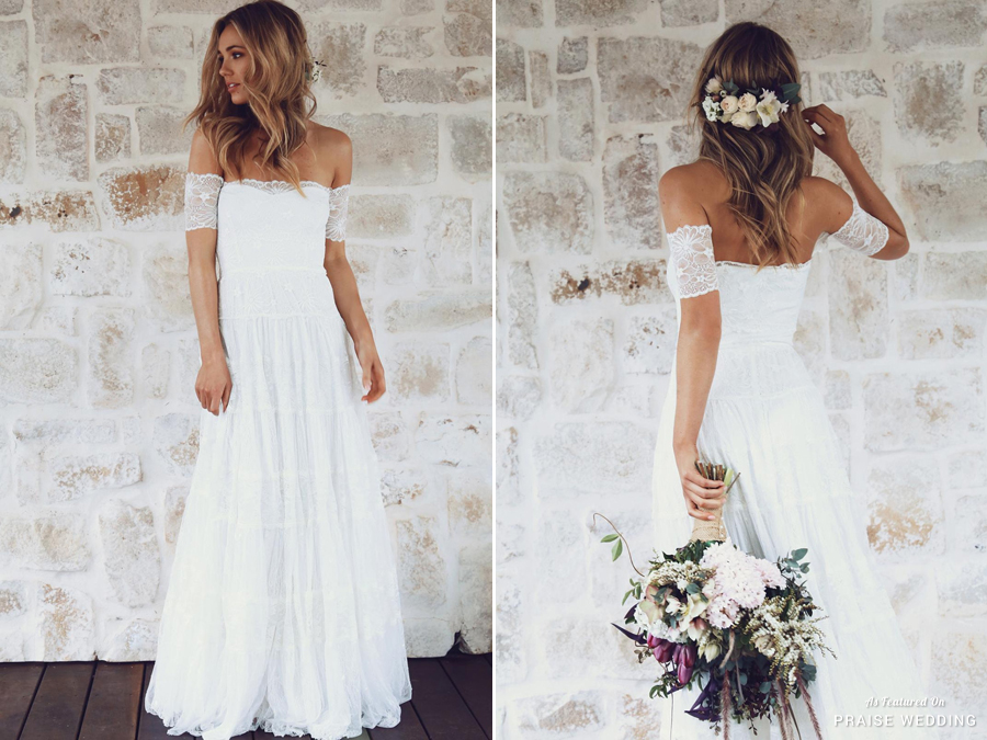 Attention boho brides! This bohemian off-the-shoulder dress from Grace Loves Lace offers a fascinating combination of style and effortless beauty!