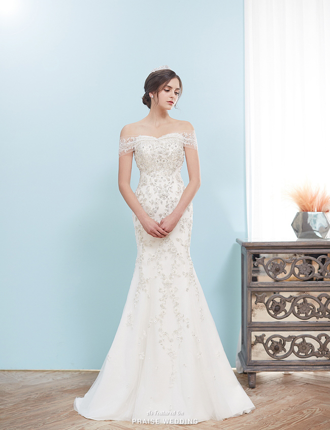 This off-the-shoulder jeweled wedding dress presented by Lydia Bride is simply obsession-worthy!