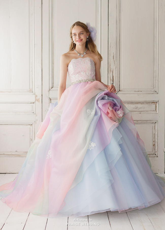 This pastel rainbow gown from Yumi Katsura featuring layers of romance is a show stopper!