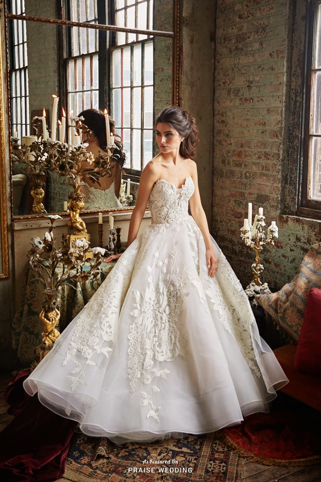 Stunning Isabelle Armstrong ball gown featuring strapless V-neck and floral cutout embroideries!