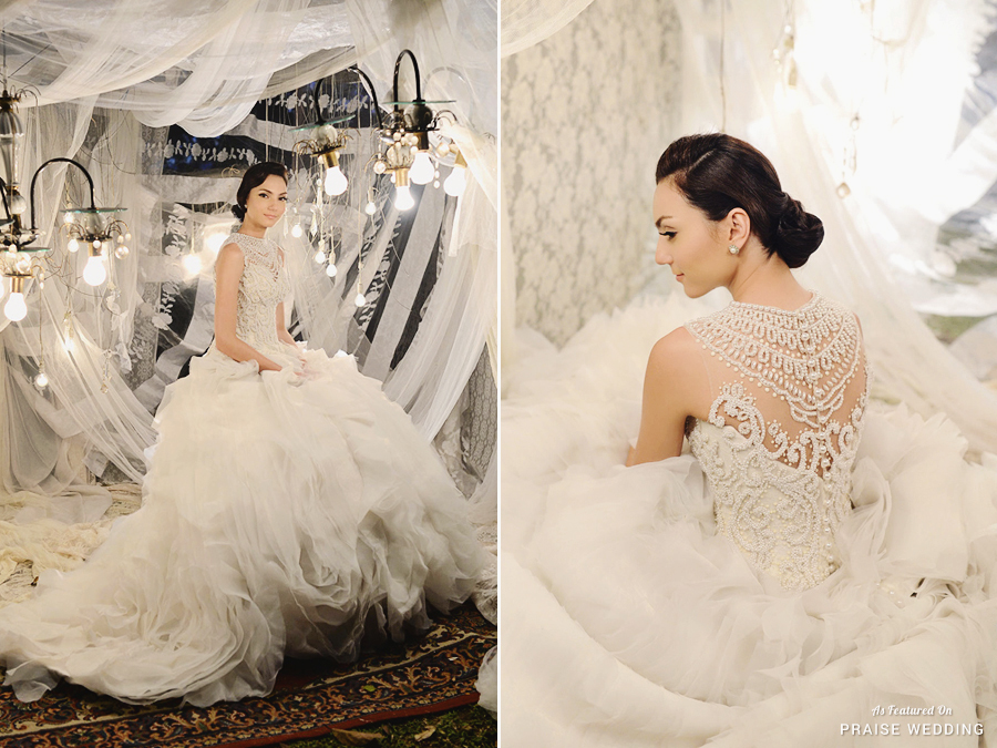 This sophisticated gown from Von Lazaro Design featuring unique jewel embellishments and an airy skirt is making us swoon!