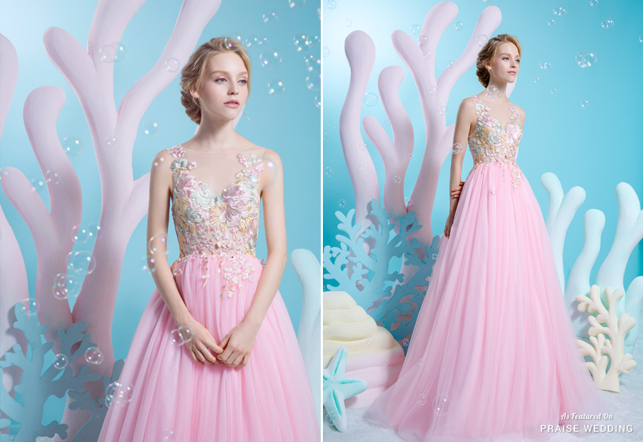 This utterly romantic pink dress from Rico A Mona featuring pastel floral embroideries is designed for fairytale lovers!
