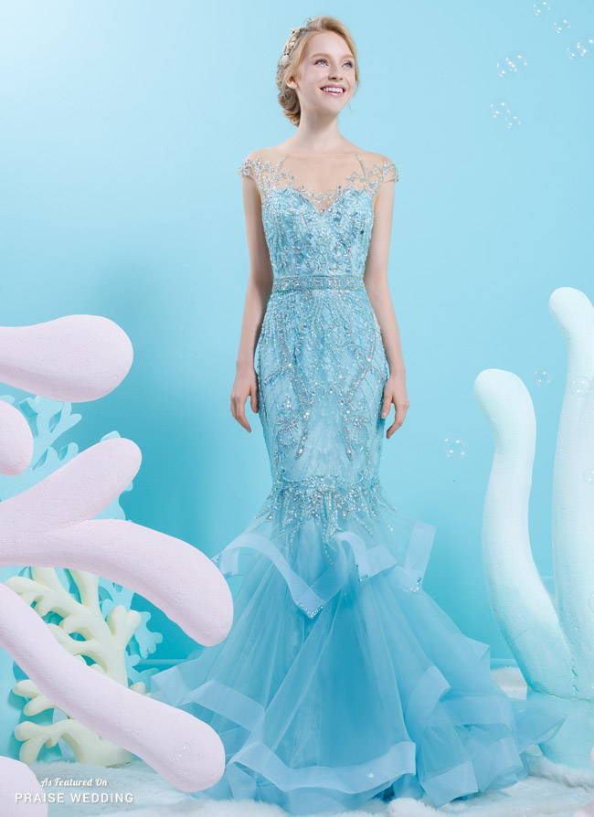 Utterly blown away by this dreamy ice blue gown from Rico A Mona featuring jewel embellishments and a mermaid silhouette!