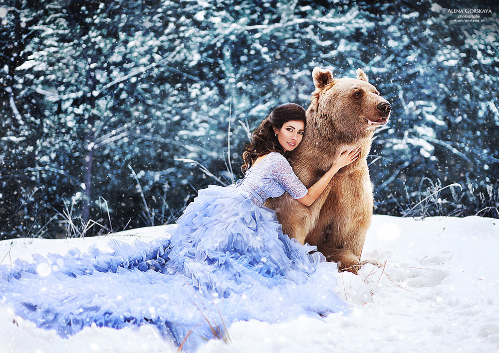 Beauty and The Bear!  Magical bridal portrait in winter wonderland!