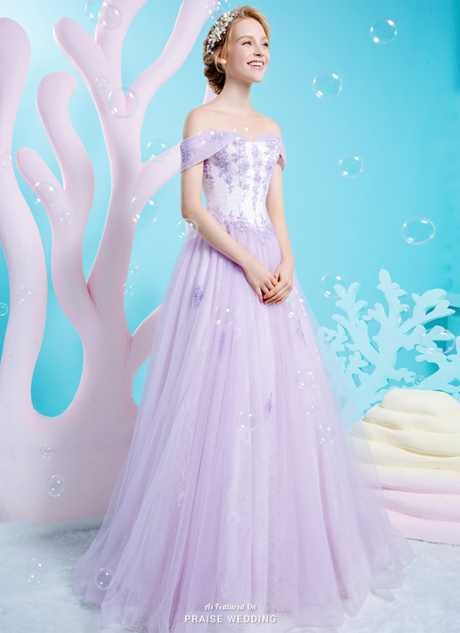 This off-the-shoulder evening gown from Rico A Mona infused with soft lavender is so incredibly breathtaking!