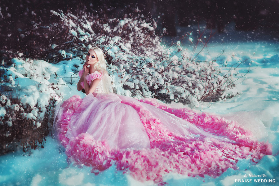 We are amazed by this magical winter bridal portrait featuring a stunning pink gown!