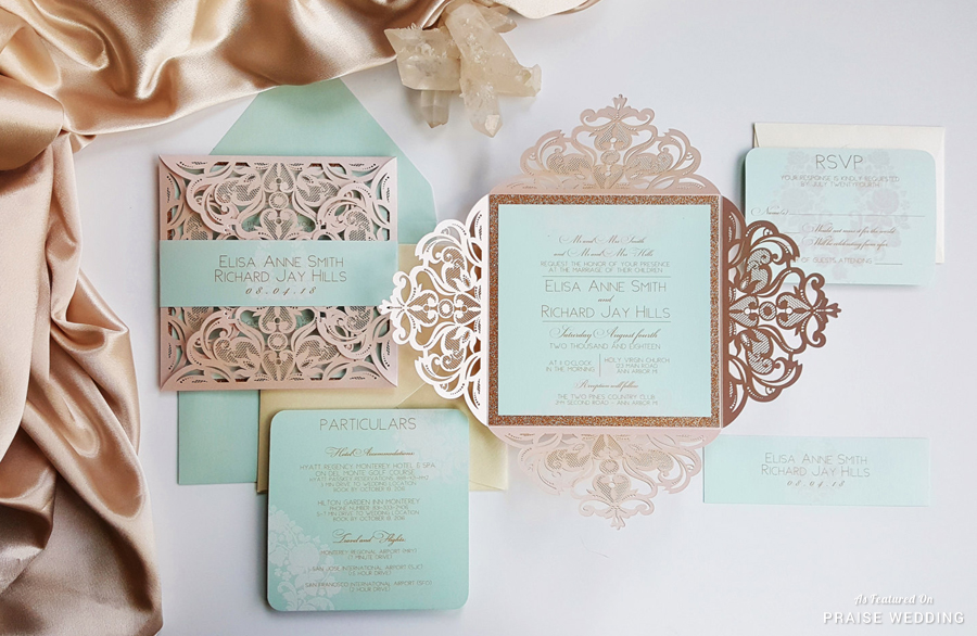 This mint x gold lasercut invitation suite from Designed with Amore is so elegant!