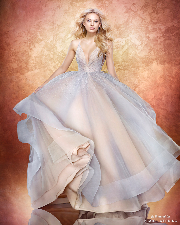 Utterly romantic twilight ball gown from Hayley Paige featuring delicate metallic lattice detail!