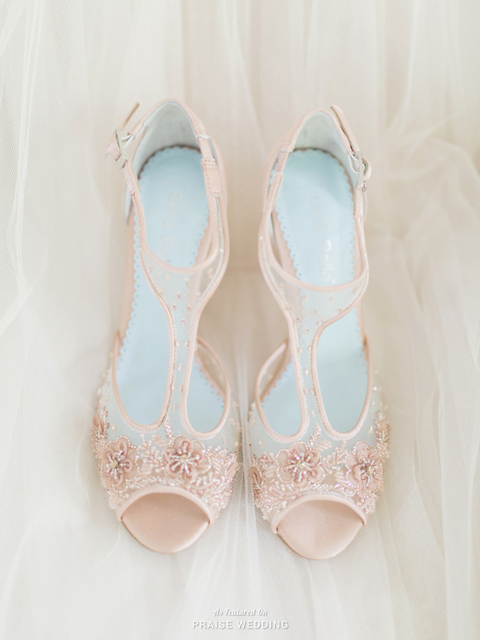 Delicate blush wedding shoes from Bella Belle featuring chic hand beaded details!