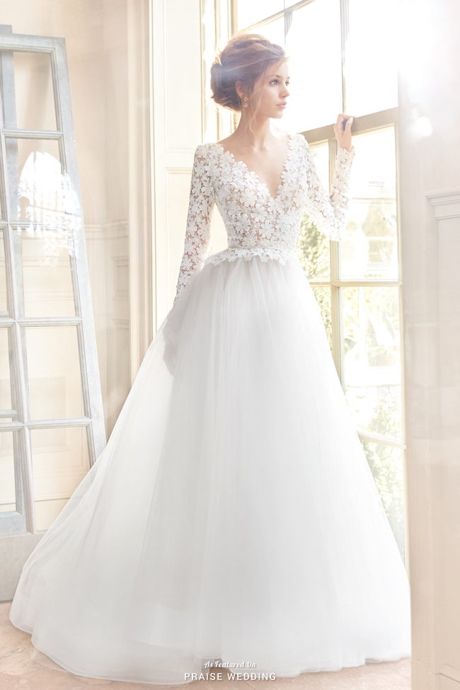 This beautiful long sleeve ball gown from Tara Keely's latest collection features time-honored silhouette adorned with blooming trendy details!