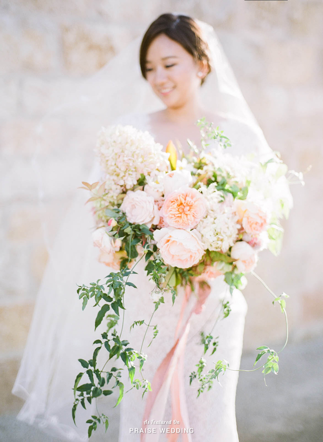 Organic, elegant, and utterly romantic, this bridal portrait featuring an exceptionally beautiful bouquet is like a dream!