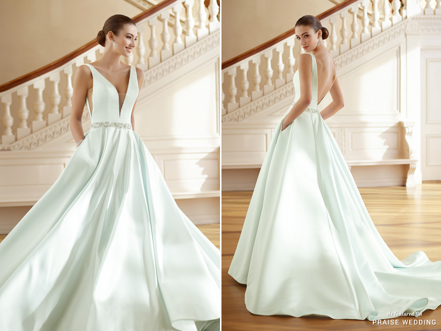 This classic ice blue satin gown from David Tutera is effortlessly ...